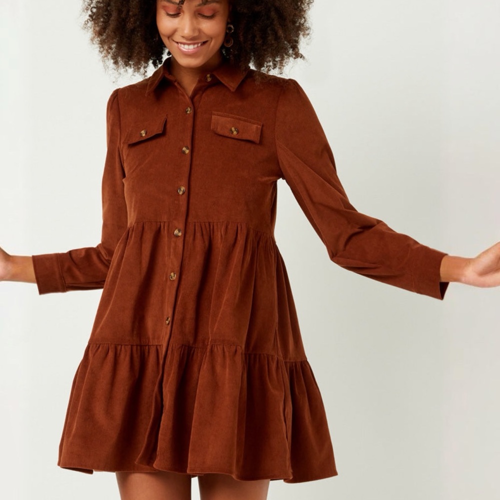 Sophie & Hailee‎ Corduroy Button Up Tiered Mini Dress